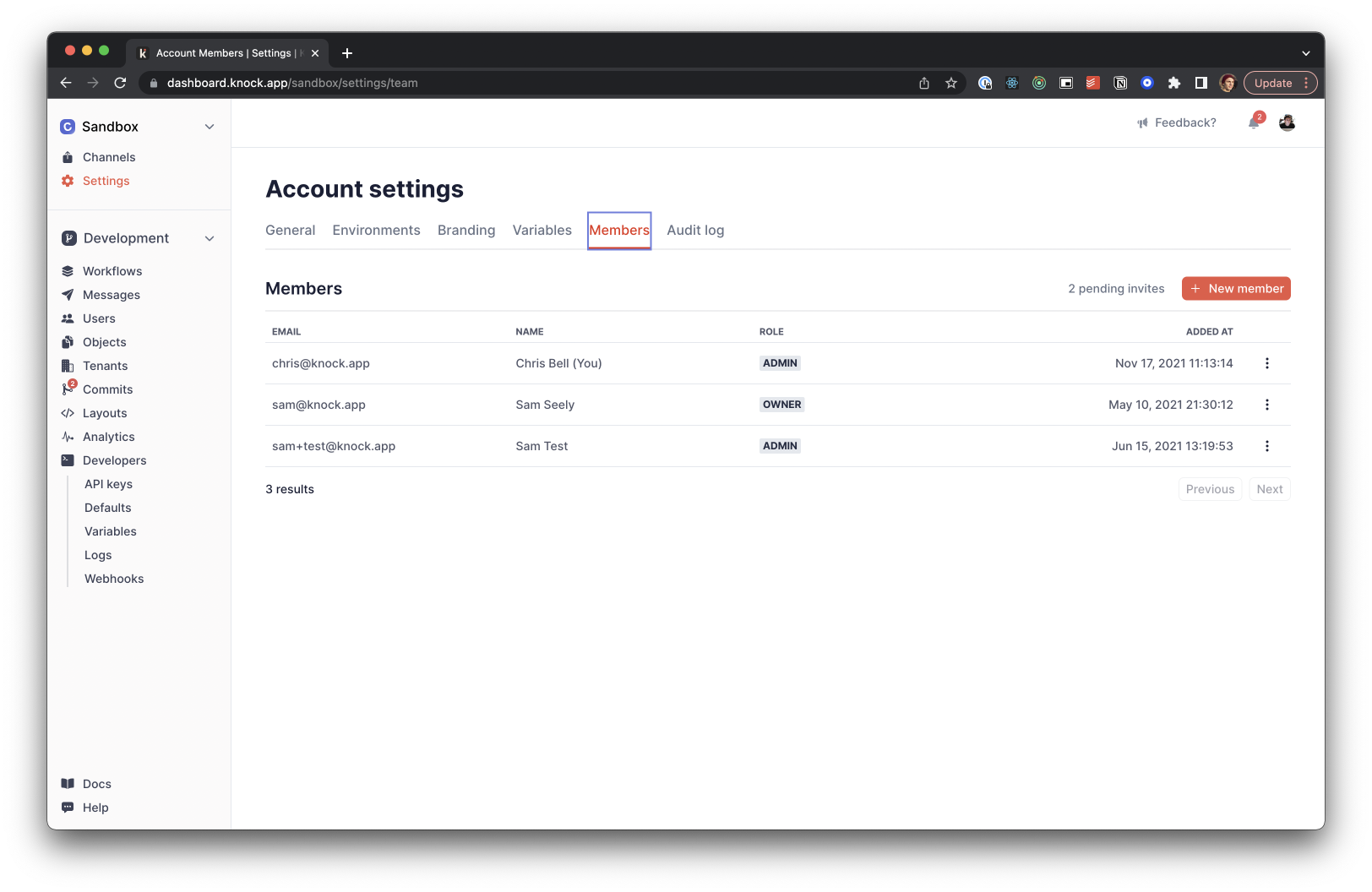 Managing account members in the dashboard